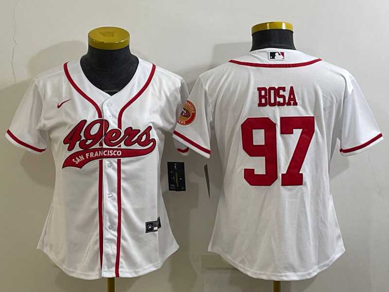 Women%27s San Francisco 49ers #97 Nick Bosa White With Patch Cool Base Stitched Baseball Jersey->women nfl jersey->Women Jersey